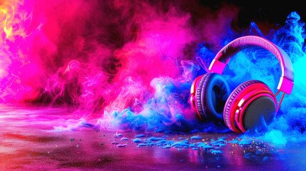 Vibrant close-up portrait of headphones surrounded by colorful smoke