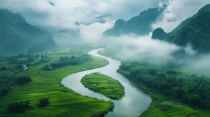meandering river landscapes with lush green trees and a majestic mountain in the background - Powered by Adobe