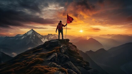 Goal achievement represented by a hiker placing a flag on the peak during a stunning sunrise