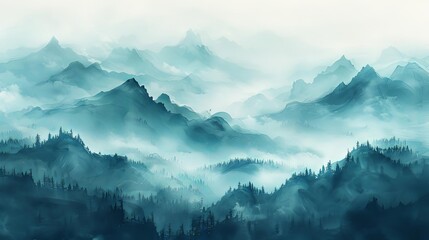 mystical mountain mists rise above a lush green forest, with a lone tree standing tall in the foreground
