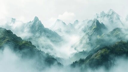 mystical mountain mists rise above a serene landscape of green trees and a white sky