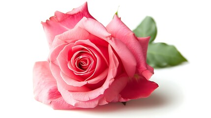 Close-up of a vibrant pink rose against a bright white background, its petals radiating with natural beauty and grace.