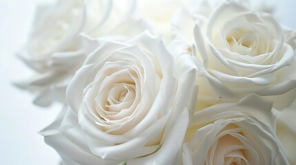 Close-up of delicate white roses, their intricate details captured in sharp focus against the pure white backdrop.