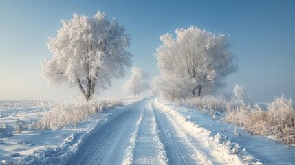 scenic winter nature photography featuring snow - covered trees and a clear blue sky