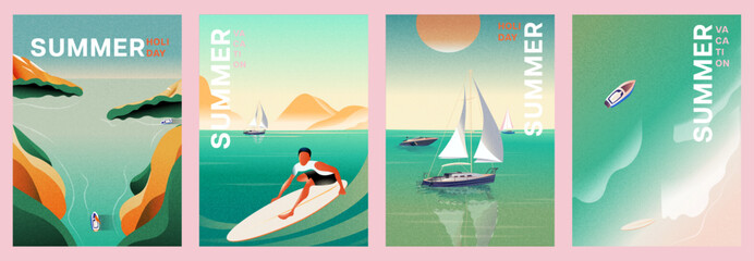 Summer poster, holiday cover, card set. Summer design with landscape, ocean canyon, surf, mountain, yacht, sun, sea, waves and typography. Summer holidays, vacation, travel vector illustration. © ArtLina