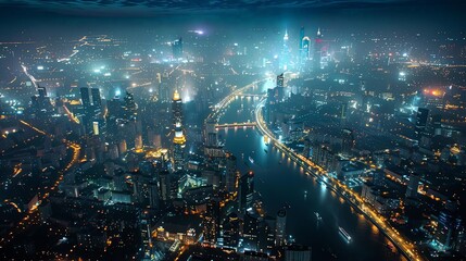 stunning night aerials of urban cities illuminated by the city lights, featuring a towering skyscraper, a bustling street, and a serene river flowing through the center