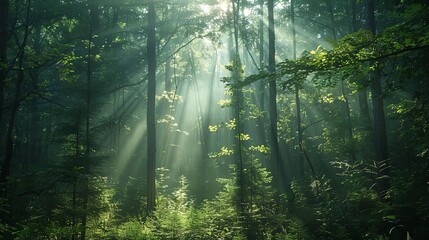 sunlit forest clearings with tall trees and a lone tree in the foreground