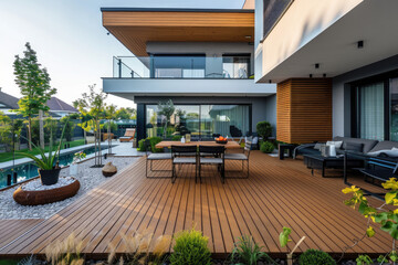 Naklejka premium Modern wooden terrace with outdoor furniture and swimming pool in the garden of a modern house