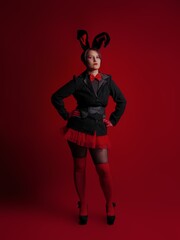 Caucasian woman with short hairstyle wearing a dark jacket, red gloves, red skirt with black bunny ears on her head and a red bow tie on her neck on a red background