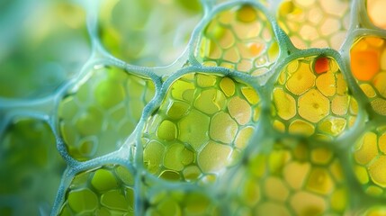 Close-up view of green plant cells in intricate detail showing chloroplasts and cellular structure.