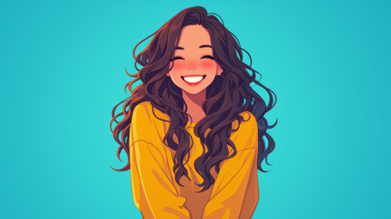 A girl with long hair is smiling and wearing a yellow shirt