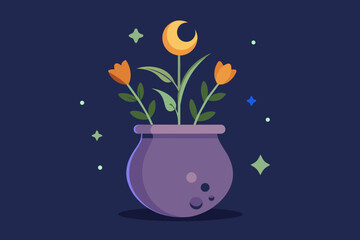 Moon flowers in pots Vector illustration on white background, silhouette, bird, icon, svg, characters, Holiday t shirt, Hand drawn trendy Vector illustration, Rose flower