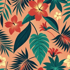 Fototapeta premium Seamless pattern of lush tropical flowers and palm fronds, evoking the exotic beauty of Southeast Asia, Generative AI