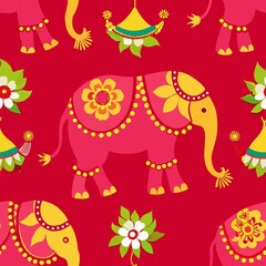 Naklejka premium Seamless pattern of majestic Asian elephants adorned with intricate floral garlands and decorative motifs, Generative AI