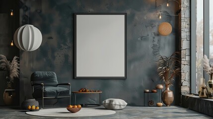 Mockup poster empty Blank Frame, hanging on an avant-garde background with stones, dry fruits, and elegant furnishings, above a sophisticated modern display room. copy space for text.