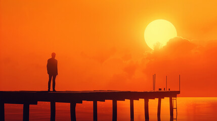 Fototapeta premium silhouette man at railhead wooden bridge and orange sky with lighting, religion prayer concept 