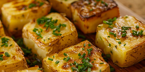 a close up of roasted potato squares, generative AI