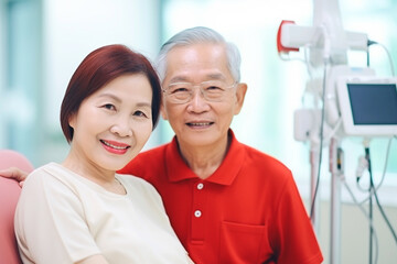 Photo of smiling oriental elderly people, showing financial benefits and assistance.