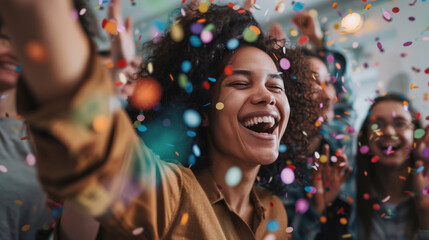 A group of people celebrating with smiles, laughter, and confetti in an office environment, embodying a spirit of success and celebration.