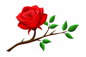 Obraz premium red rose with leaves Vector illustration on white background, silhouette, bird, icon, svg, characters, Holiday t shirt, Hand drawn trendy Vector illustration, Rose flower 
