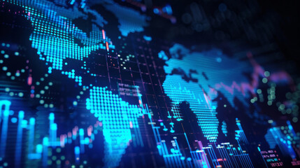 Obraz premium A digital graph with blue and white lines against a black background, with a world map and financial data visualizations.
