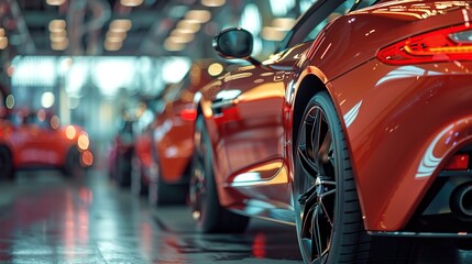 New cars in the showroom show waiting for sale to customer. copy space for text.