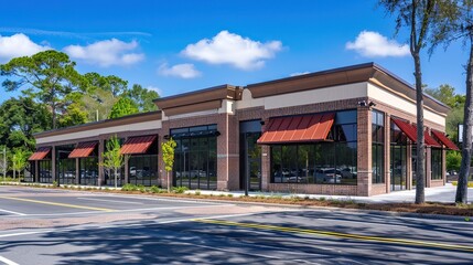 Newly constructed retail and business building with awning, currently offering space for purchase or rental in a combined storefront and office setting. copy space for text.