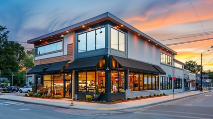 Newly constructed retail and business building with awning, currently offering space for purchase or rental in a combined storefront and office setting. copy space for text.