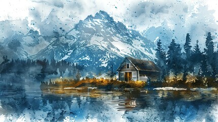 Naklejka premium A Wooden Cabin Embraced by a Tranquil River, Encircled by Towering Snow-Covered Mountains, Depicted in an Artful Painting Style with Textured Brushstrokes