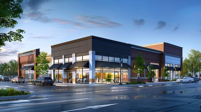 Newly constructed retail and business building with awning, currently offering space for purchase or rental in a combined storefront and office setting. copy space for text. - Powered by Adobe
