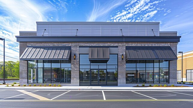 Newly constructed retail and business building with awning, currently offering space for purchase or rental in a combined storefront and office setting. copy space for text.