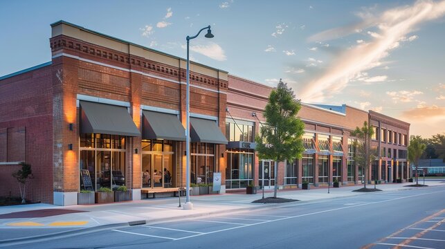 Newly constructed retail and business building with awning, currently offering space for purchase or rental in a combined storefront and office setting. copy space for text.