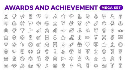 Reward icon set vector. Success icon, Contains icons prize, trophy, winner, gift, bonus card illustration.Set of Winner medal, cup and Laurel wreath award icons. Award line Reward, Certificate.