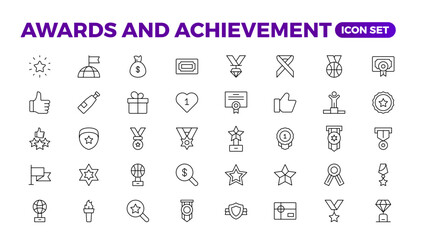 Reward icon set vector. Success icon, Contains icons prize, trophy, winner, gift, bonus card illustration.Set of Winner medal, cup and Laurel wreath award icons. Award line Reward, Certificate.