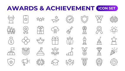 Reward icon set vector. Success icon, Contains icons prize, trophy, winner, gift, bonus card illustration.Set of Winner medal, cup and Laurel wreath award icons. Award line Reward, Certificate.