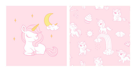 Seamless pattern with unicorns, donuts rainbow, confetti and other elements. Vector background with stickers, pins, patches in cartoon comic style.