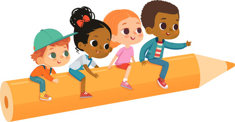Multicultural Children Fly While Sitting Astride a Yellow Pencil. Imagination And Cognition Concept.