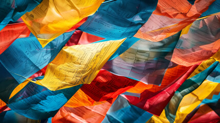 
A pattern of colorful Tibetan prayer flags, fluttering in the wind and carrying prayers, evoking a sense of spirituality, peace, and the cultural practices of Tibet.