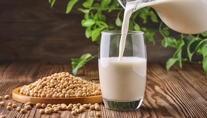 Pouring soy milk in a glass with soy beans on wooden table