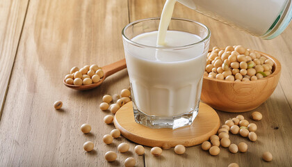 Pouring soy milk in a glass with soy beans on wooden table