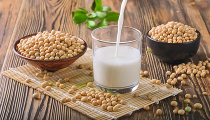Pouring soy milk in a glass with soy beans on wooden table