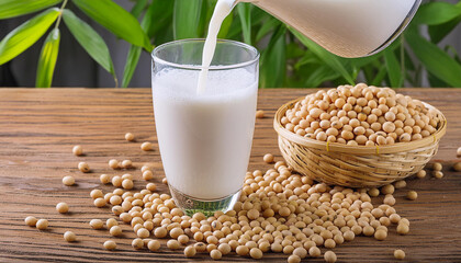Pouring soy milk in a glass with soy beans on wooden table