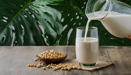 Pouring soy milk in a glass with soy beans on wooden table