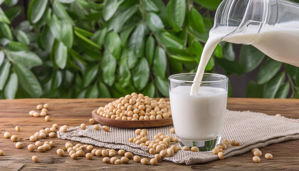 Pouring soy milk in a glass with soy beans on wooden table