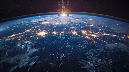 Fototapeta premium Internet network for fast data exchange around planet Earth from space, global telecommunication satellite grid over the world for IoT, mobile web, financial technology,