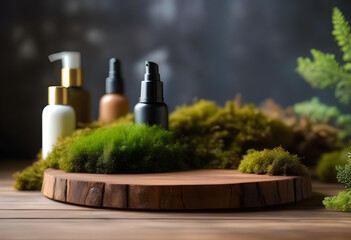 A wooden podium with moss and organic cosmetic products displayed on top
