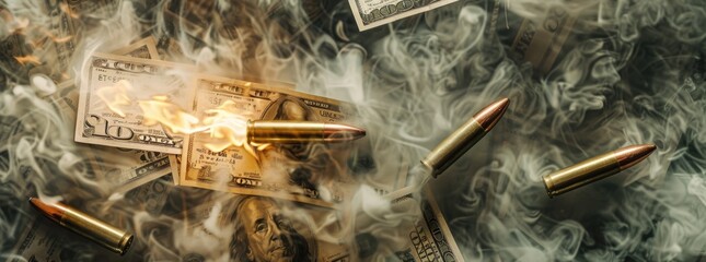 Bullets explode on top of dollar bills