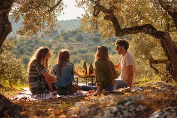 enjoying a picnic in an olive grov