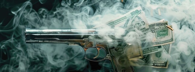 The revolver was covered in smoke and dollar bills