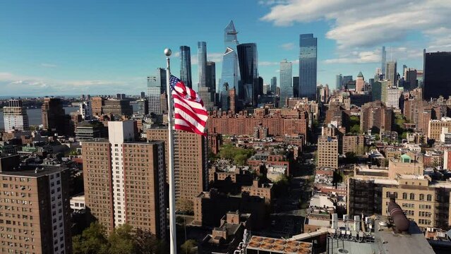 New York city skyline aerial of american flag